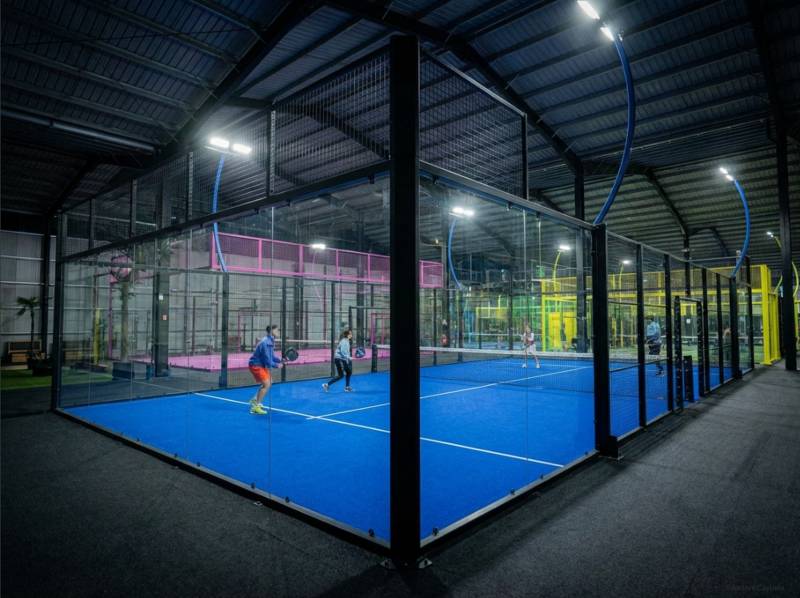 Court de padel indoor éclairé en soirée avec système LED 500 lux sans zones d'ombre