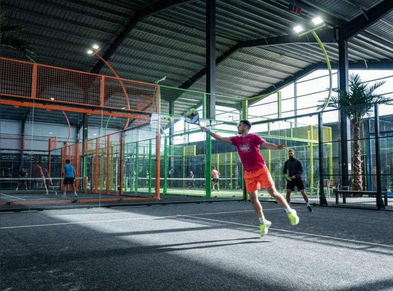 Court de padel panoramique gazon gris anthracite et structures multicolores en intérieur