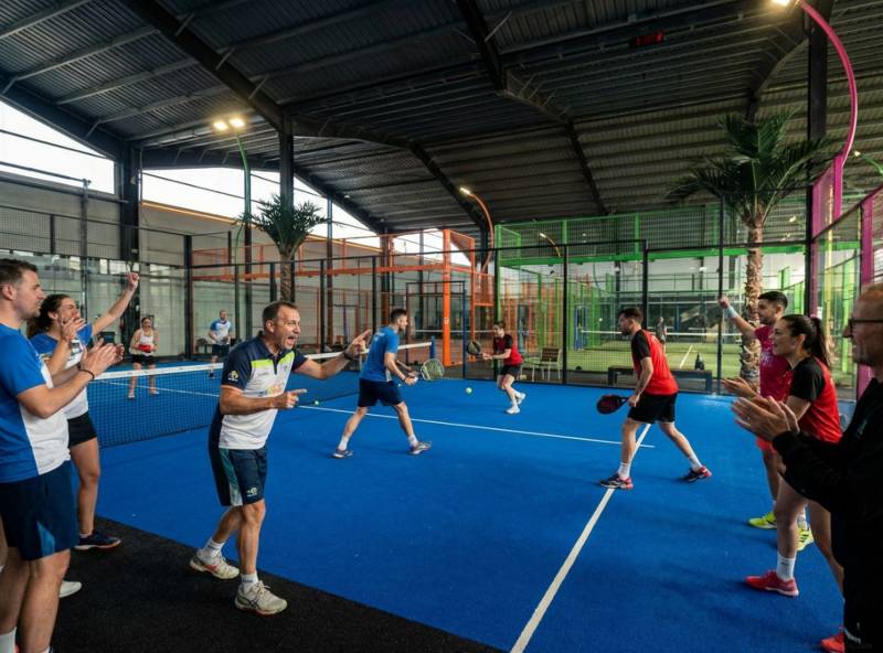  Coach padel animant un team building entreprise sur court indoor panoramique