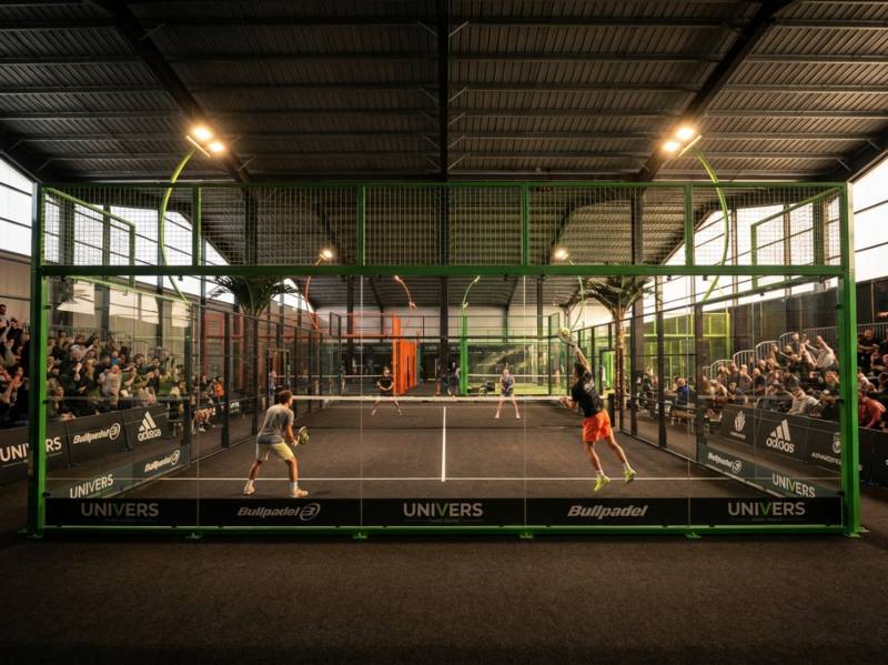 Tournoi de padel homologué FFT avec panneaux sponsors dans un complexe indoor moderne