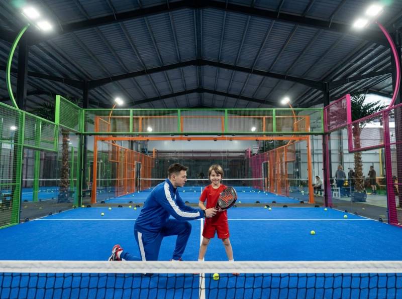 Coach padel initiant un enfant débutant sur court indoor 