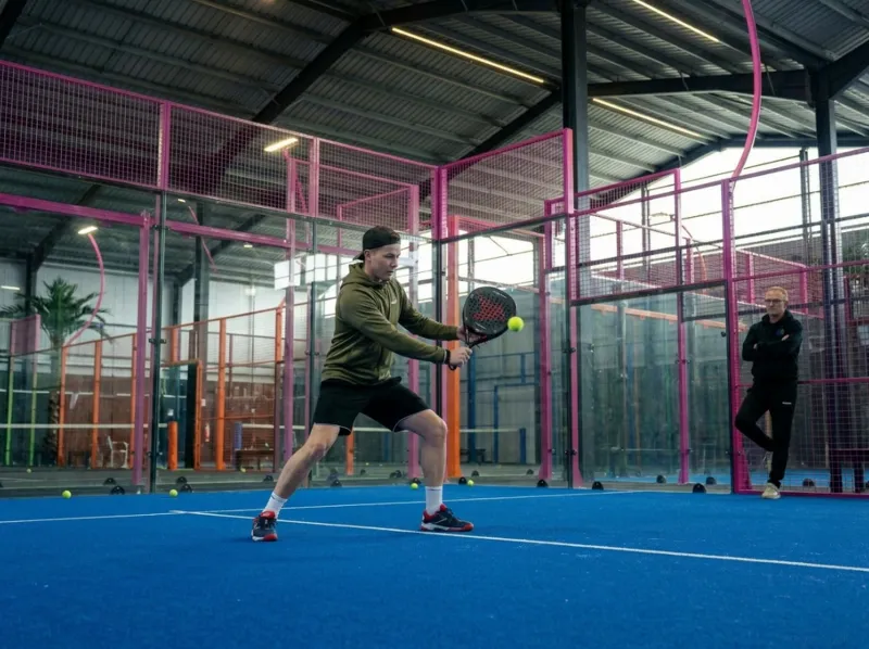 Joueur de padel confirmé en cours particulier sur terrain 1 contre 1 indoor à Fos-sur-Mer avec coach discret pour perfectionner les gestes techniques près de Martigues