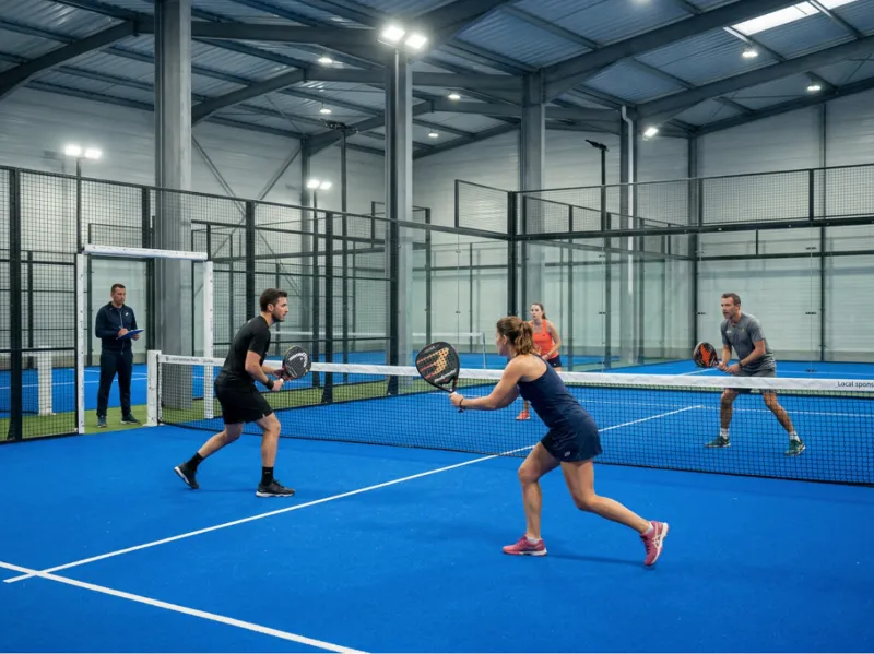 Cours collectifs de padel près de Saint-Mitre-les-Remparts sur terrains indoor à Fos-sur-Mer pour apprendre à mieux jouer en double dans des conditions régulières toute l’année.
