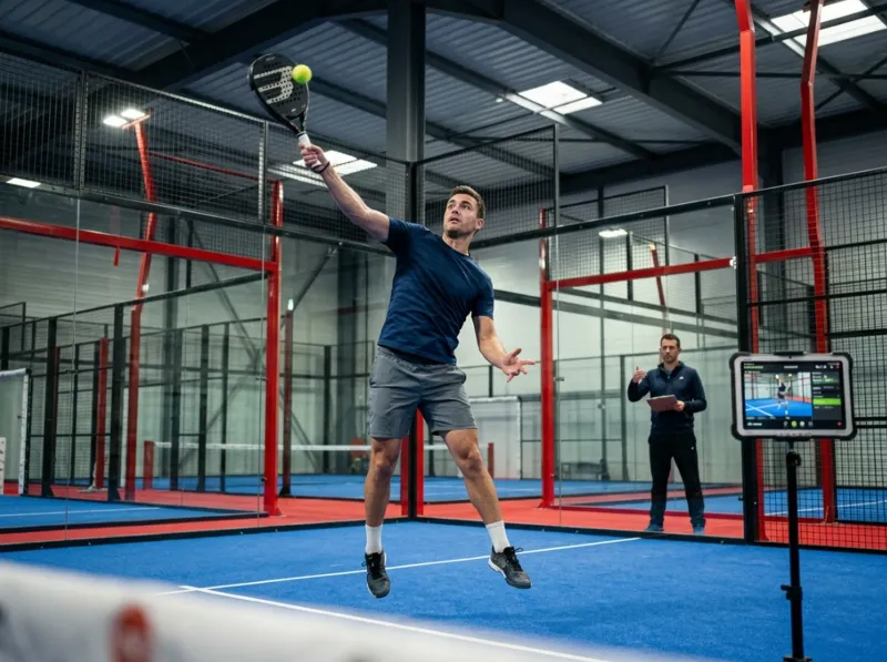 Joueur de padel niveau expert en séance de coaching vidéo indoor à Fos-sur-Mer chez Univers Padel, avec analyse Splash, travail technique de bandeja