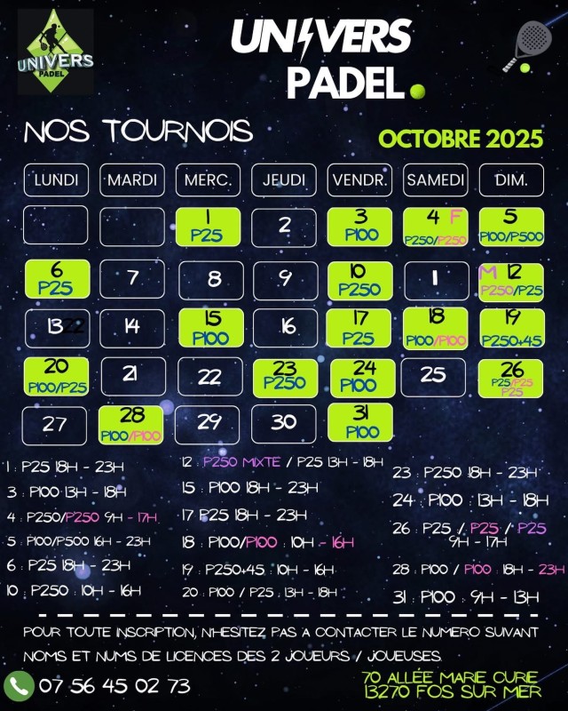 Tournois de padel Bouches-du-Rhône – Calendrier octobre 2025 | Univers Padel Fos-sur-Mer