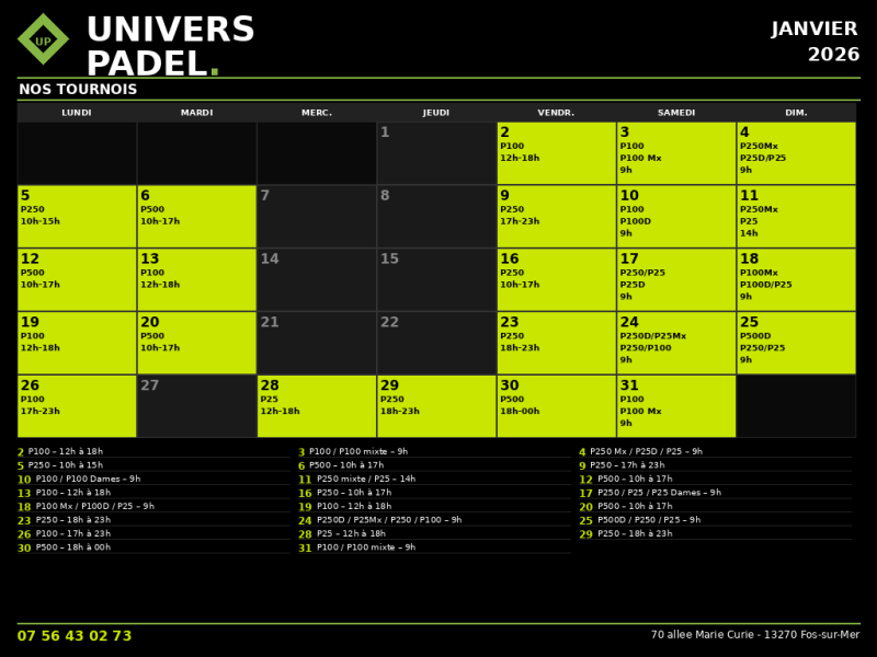Tournois de padel Bouches-du-Rhône – Calendrier Janvier 2026 | Univers Padel Fos-sur-Mer